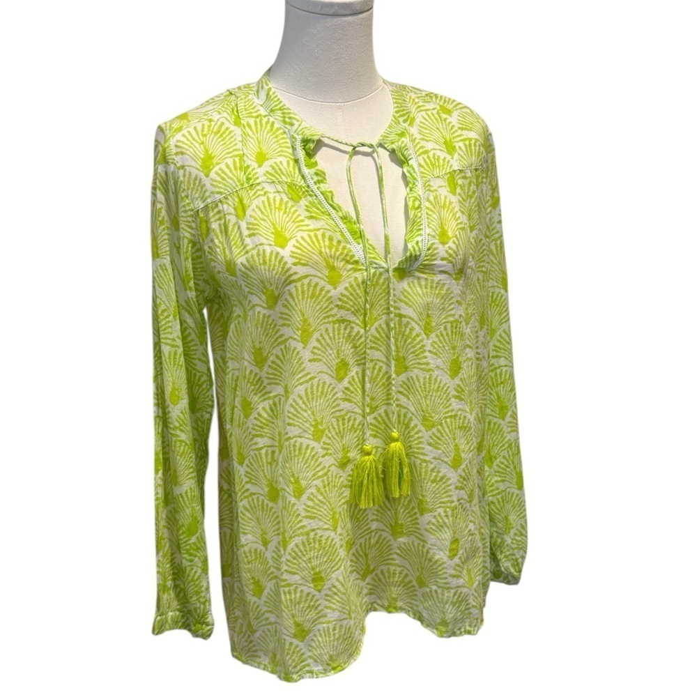 Roller Rabbit Floral Neon Green Sheer Long Sleeve Peasant Top Womens XS